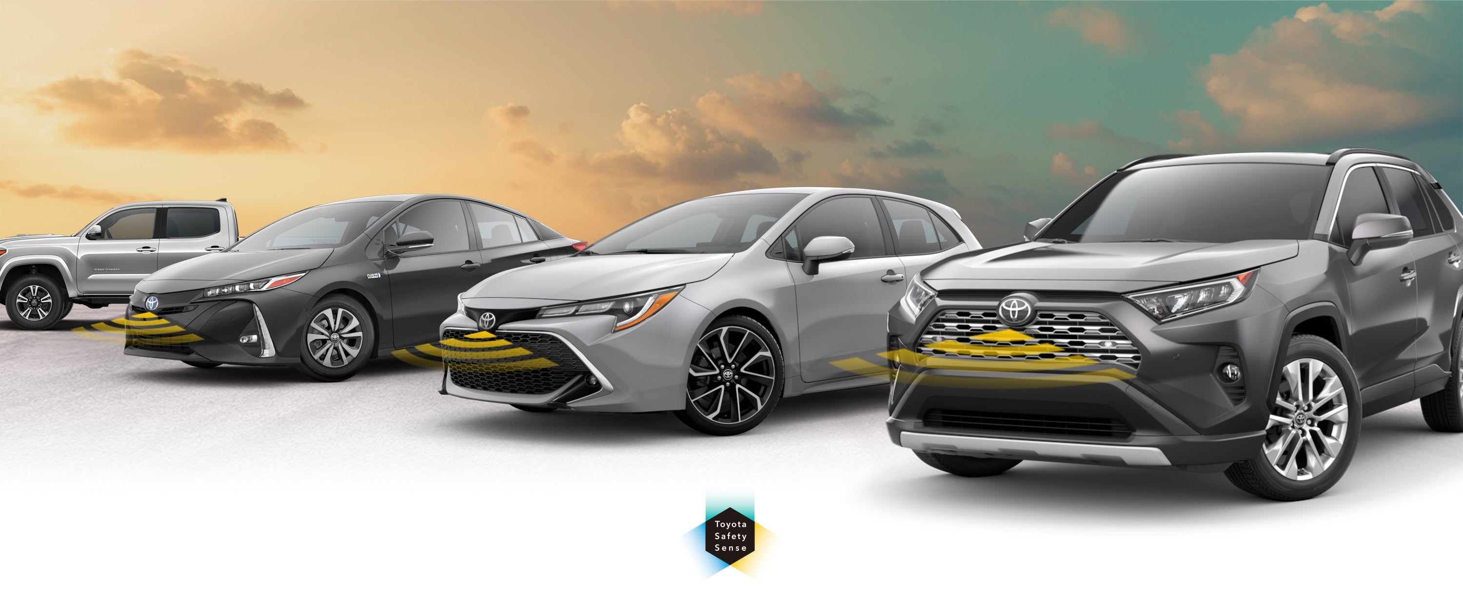 Toyota Safety Sense: Designed for Safety. Options shown on Toyota models including RAV4, Tacoma, and Camry, available now at Toyota of Kent in Kent OH.