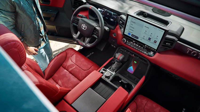 Toyota interior showcasing Toyota Safety Sense technology, advanced driver-assist features, touchscreen display, and a comfortable, high-tech cabin.