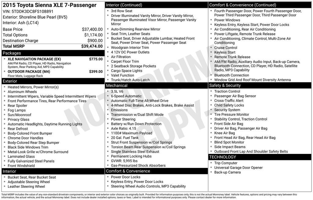 2015 Toyota Sienna XLE 7 Passenger